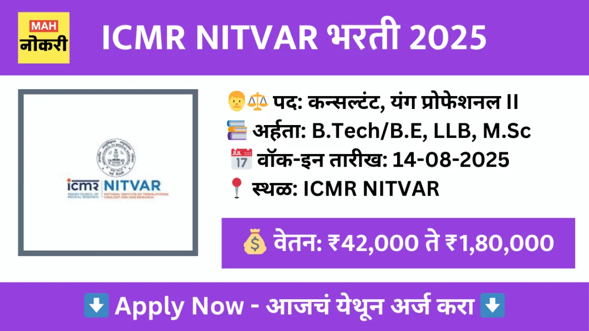 ICMR NITVAR भरती 2025 – कन्सल्टंट व यंग प्रोफेशनल II साठी वॉक-इन