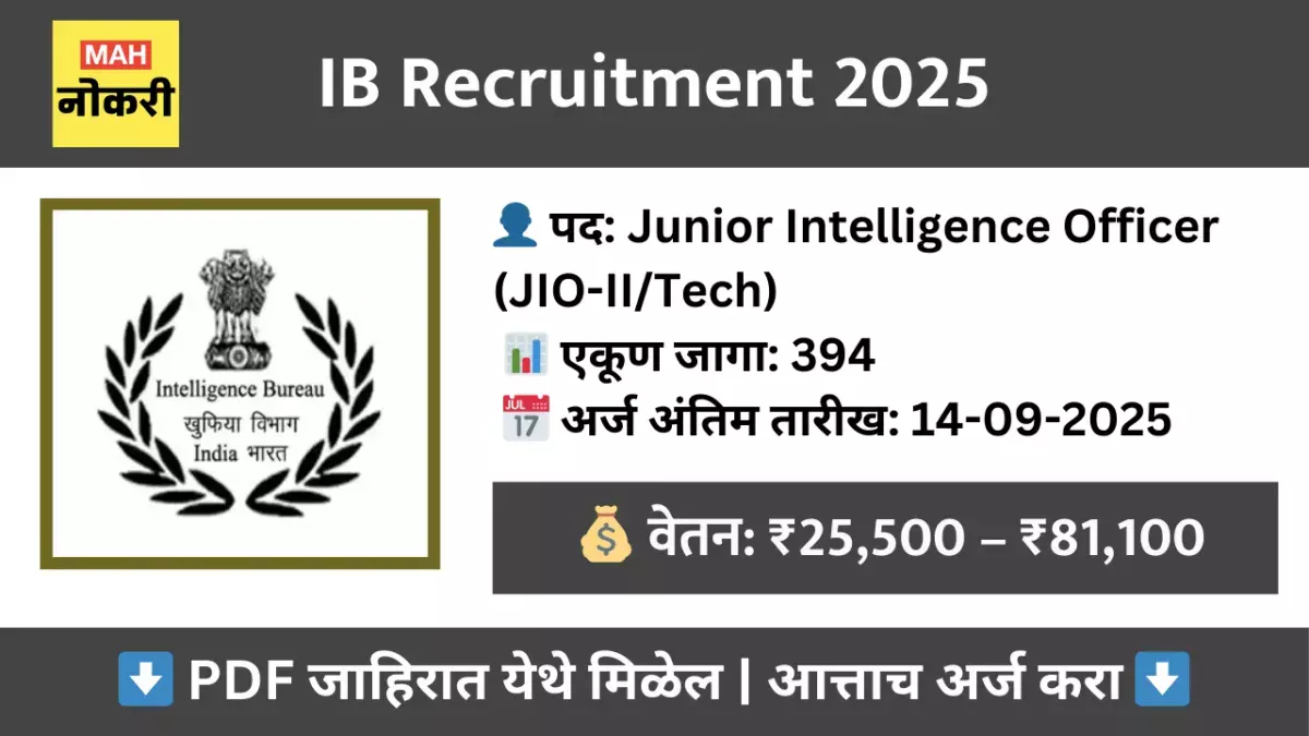 IB भरती 2025 – गुप्तचर विभागात 394 Junior Intelligence Officer पदांसाठी संधी, पगार ₹25,500–81,100