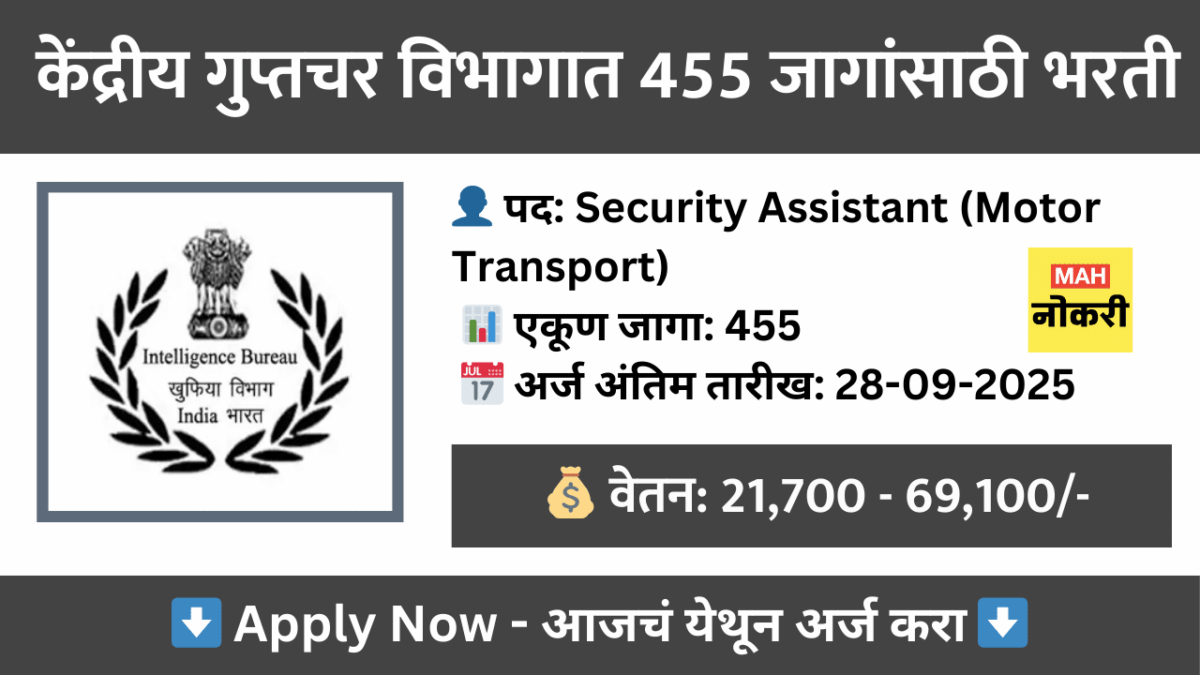 IB Security Assistant (Motor Transport) भरती 2025 – 455 पदांसाठी ऑनलाइन अर्ज