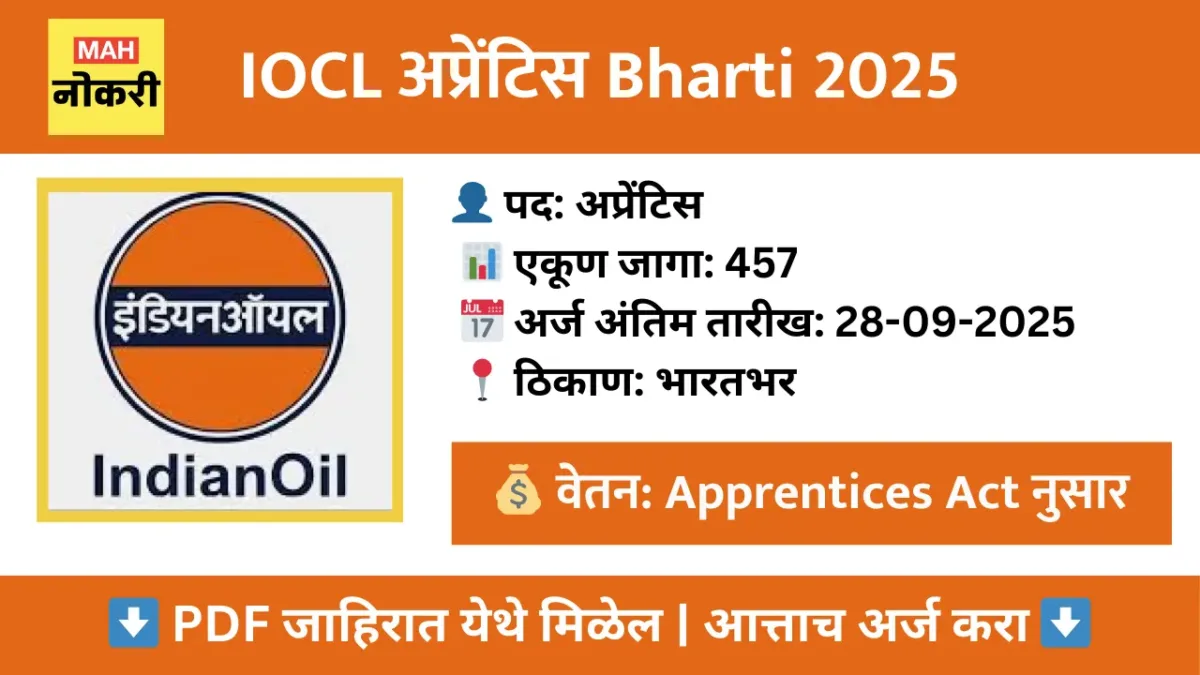 IOCL अप्रेंटिस भरती 2025 – 12वी & डिप्लोमा धारकांसाठी 457 पदांची मोठी संधी! अर्ज सुरू!
