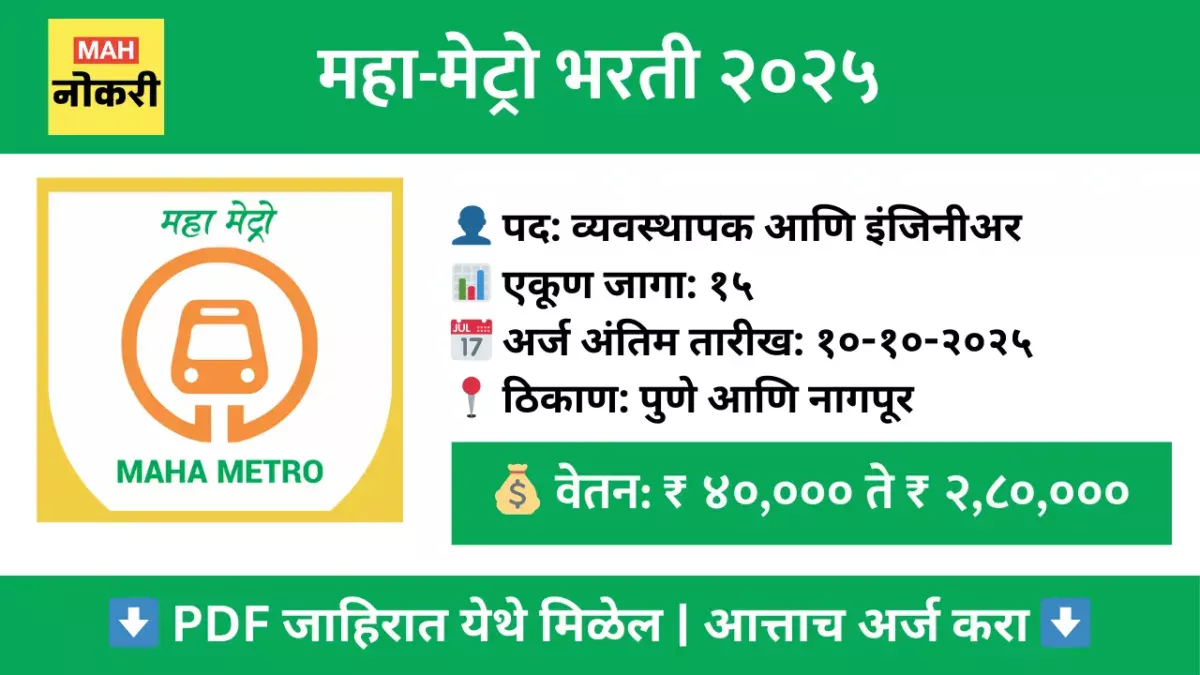 Maha Metro Recruitment 2025 : महा-मेट्रो भरती २०२५ – पुणे आणि नागपूरमध्ये विविध पदांसाठी अर्ज करा ; लाखो रुपयांचा पगार