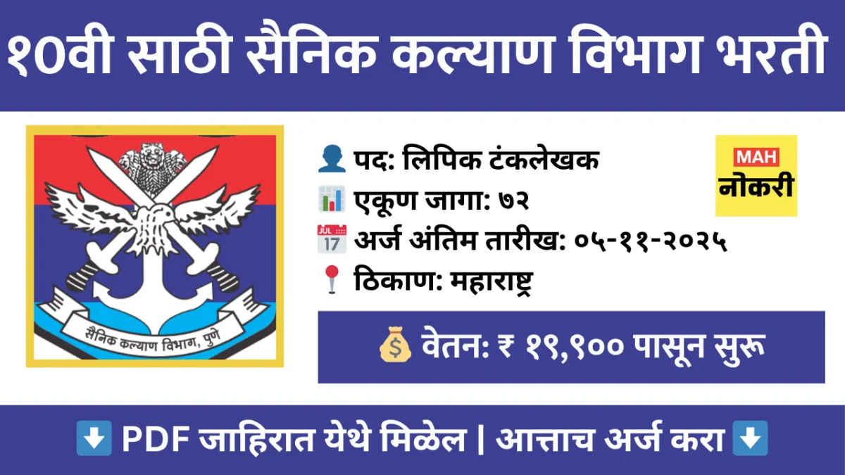 १०वी साठी विशेष भरती : सैनिक कल्याण विभाग भरती २०२५ – ७२ लिपिक टंकलेखक पदांसाठी ऑनलाईन अर्ज करा