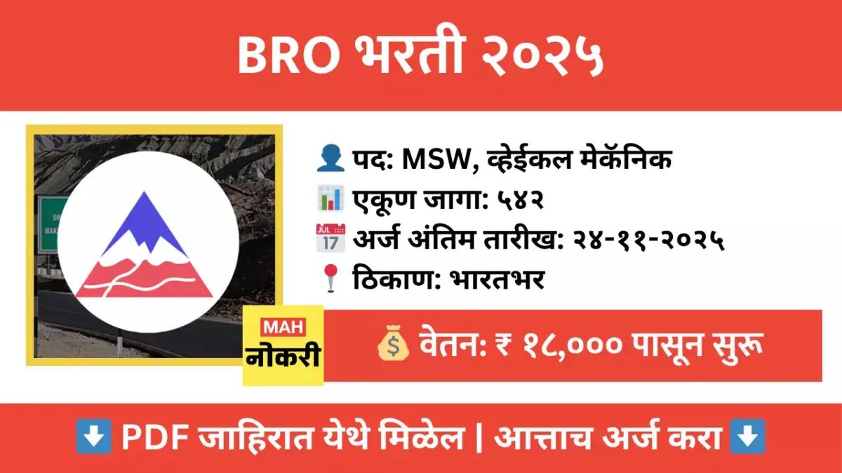 BRO भरती २०२५ – ५४२ MSW आणि व्हेईकल मेकॅनिक पदांसाठी ऑफलाईन अर्ज करा