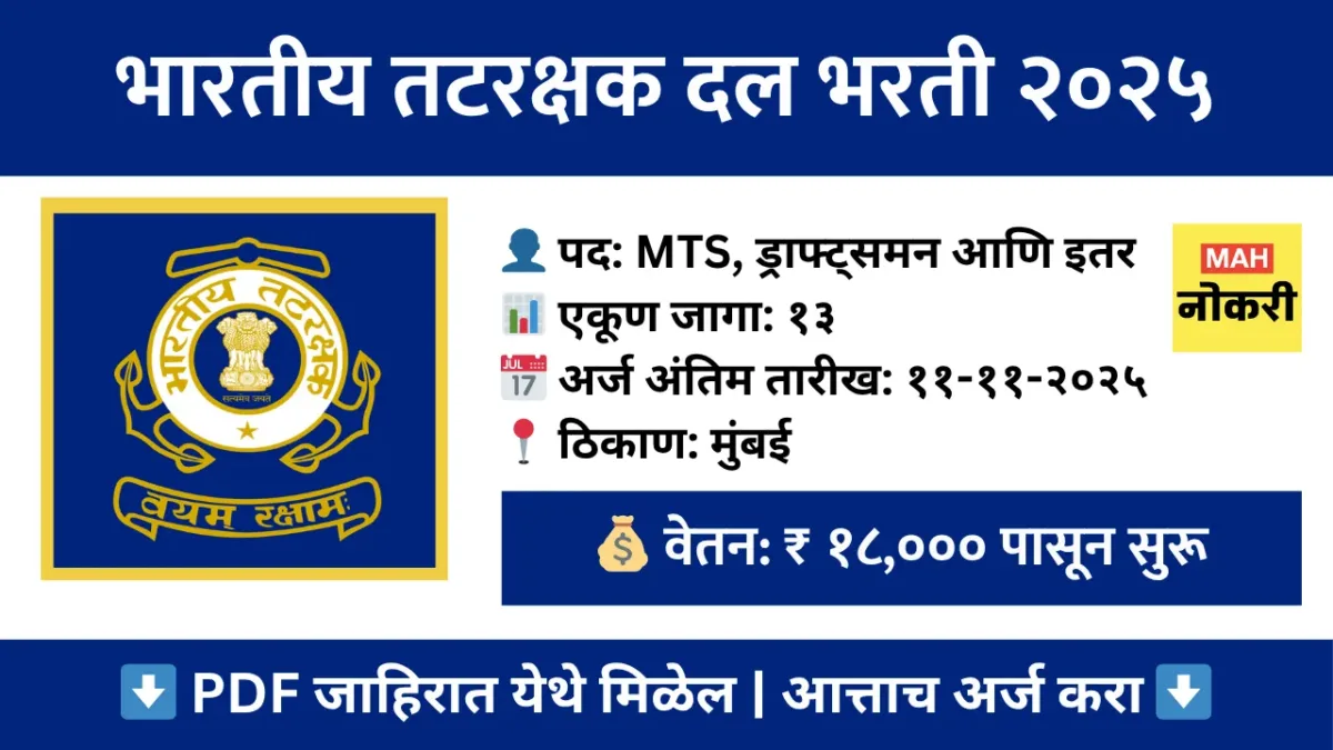 Indian Coast Guard Bharti 2025 : भारतीय तटरक्षक दल भरती २०२५ – १३ MTS, ड्राफ्ट्समन आणि इतर पदांसाठी ऑफलाईन अर्ज करा