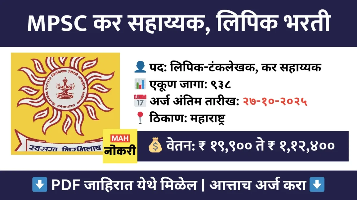 MPSC Bharti 2025 : MPSC ची मोठी घोषणा! कोणत्याही शाखेतील पदवीधरांसाठी कर सहाय्यक, लिपिक पदांवर भरती