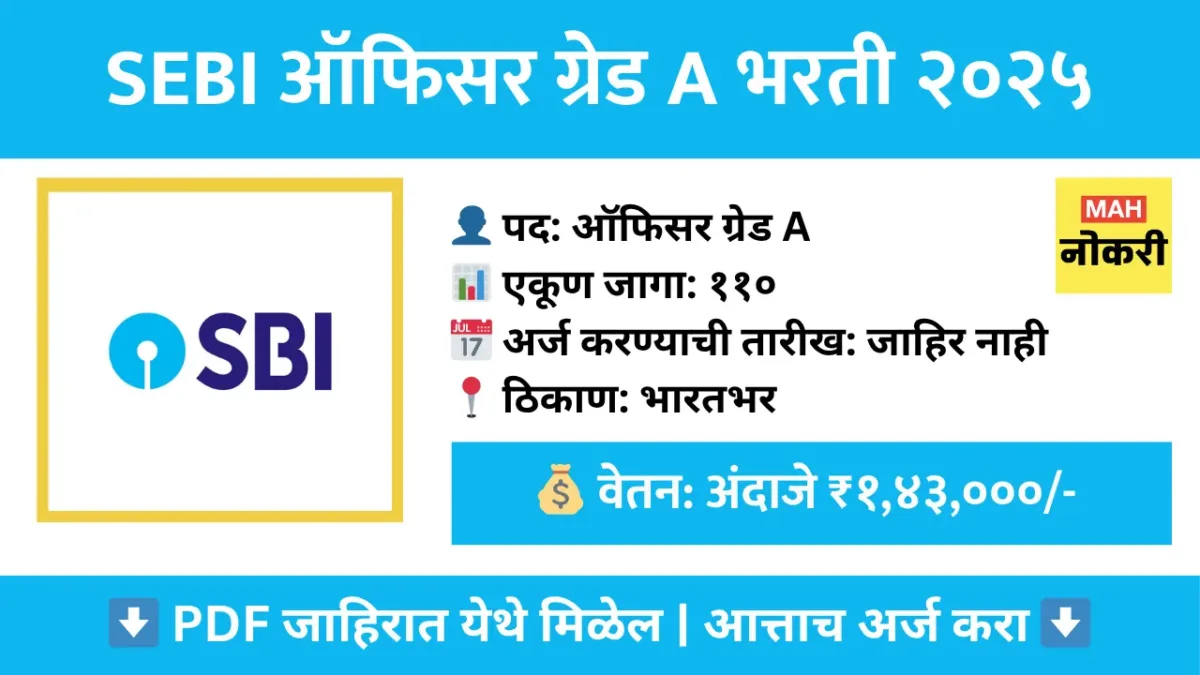SEBI ऑफिसर ग्रेड A (सहाय्यक व्यवस्थापक) भरती २०२५ – ११० पदांसाठी ऑनलाईन अर्ज करा