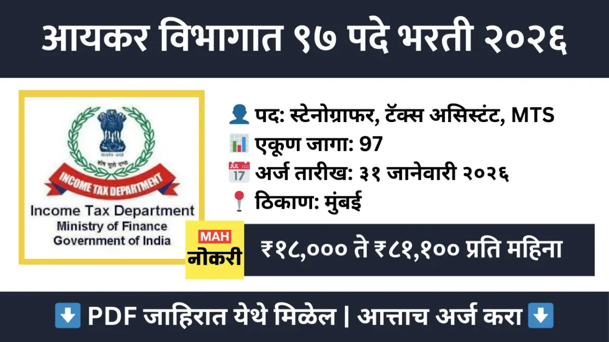 Income Tax Department Mumbai Sports Quota Recruitment 2026: आयकर विभाग मुंबई मध्ये ९७ पदांची मेगा भरती, त्वरित अर्ज करा!