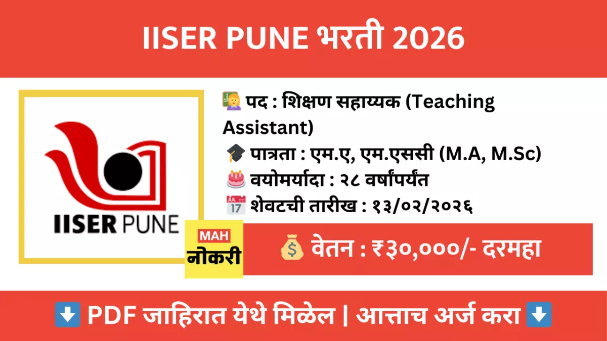 IISER पुणे भरती 2026: ‘शिक्षण सहाय्यक’ पदासाठी थेट मुलाखत, जाणून घ्या पात्रता आणि पगार!