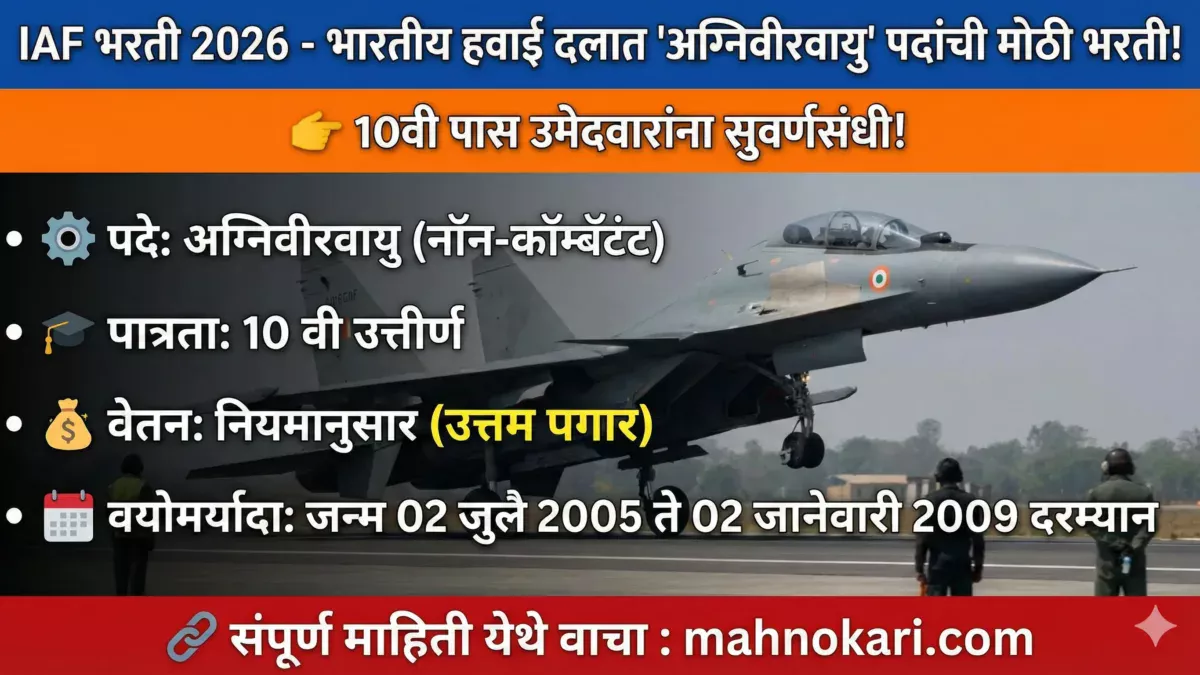 IAF भरती 2026 | भारतीय हवाई दलात ‘अग्निवीरवायु’ पदांची मोठी भरती; 10वी पास उमेदवारांना सुवर्णसंधी!