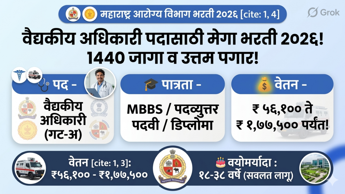महाराष्ट्र आरोग्य विभाग भरती 2026 | 1440 वैद्यकीय अधिकारी पदांसाठी मोठी संधी, पगार ₹1,77,500 पर्यंत!