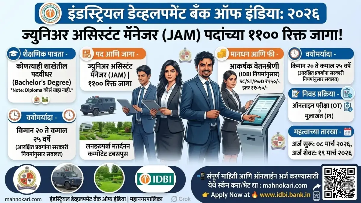 IDBI बँक भरती 2026 | 1100 ज्युनिअर असिस्टंट मॅनेजर पदांसाठी मेगा भरती, पदवीधरांना मोठी संधी!