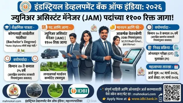 IDBI बँक भरती 2026 | 1100 ज्युनिअर असिस्टंट मॅनेजर पदांसाठी मेगा भरती, पदवीधरांना मोठी संधी!