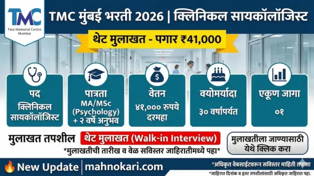TMC मुंबई भरती 2026 | क्लिनिकल सायकॉलॉजिस्ट पदासाठी थेट मुलाखत, पगार ₹41,000!